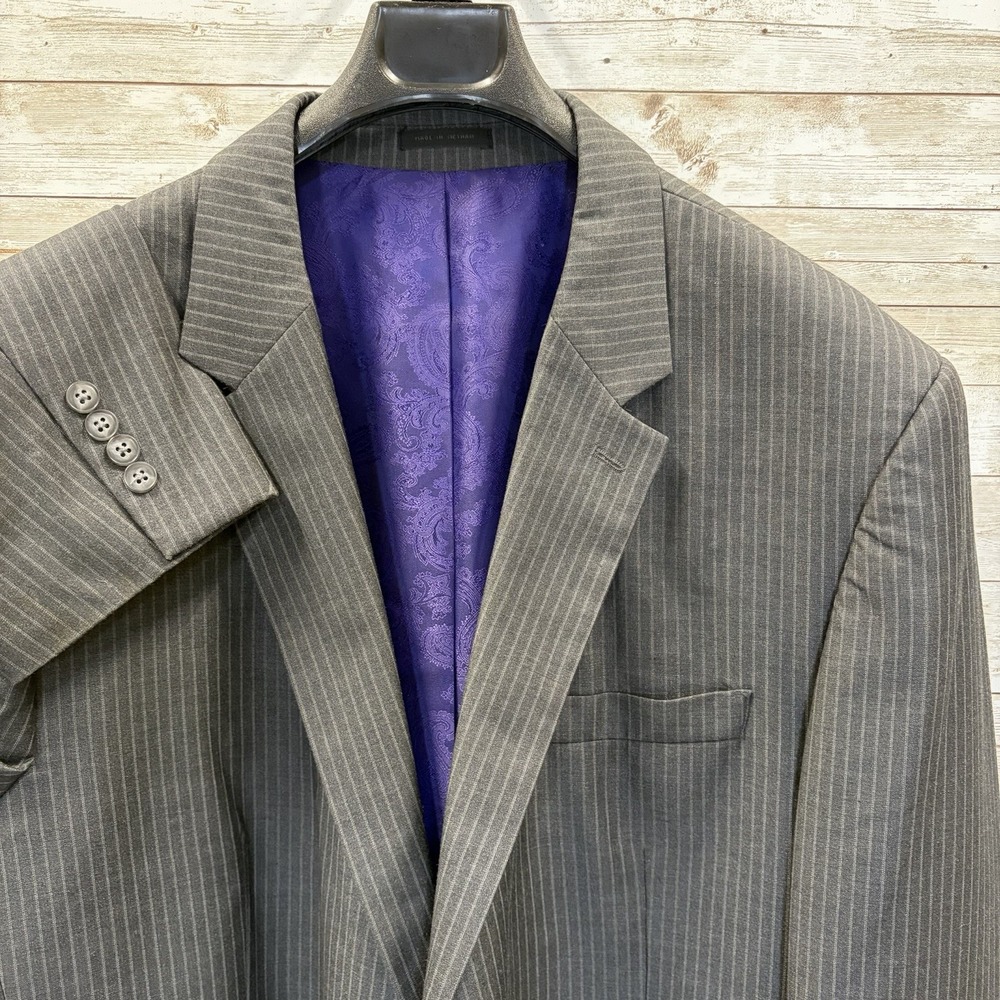 Andrew Fezza Mens 52L Blazer Gray Pinstripe Austin 2-Button Vented Purple Lined